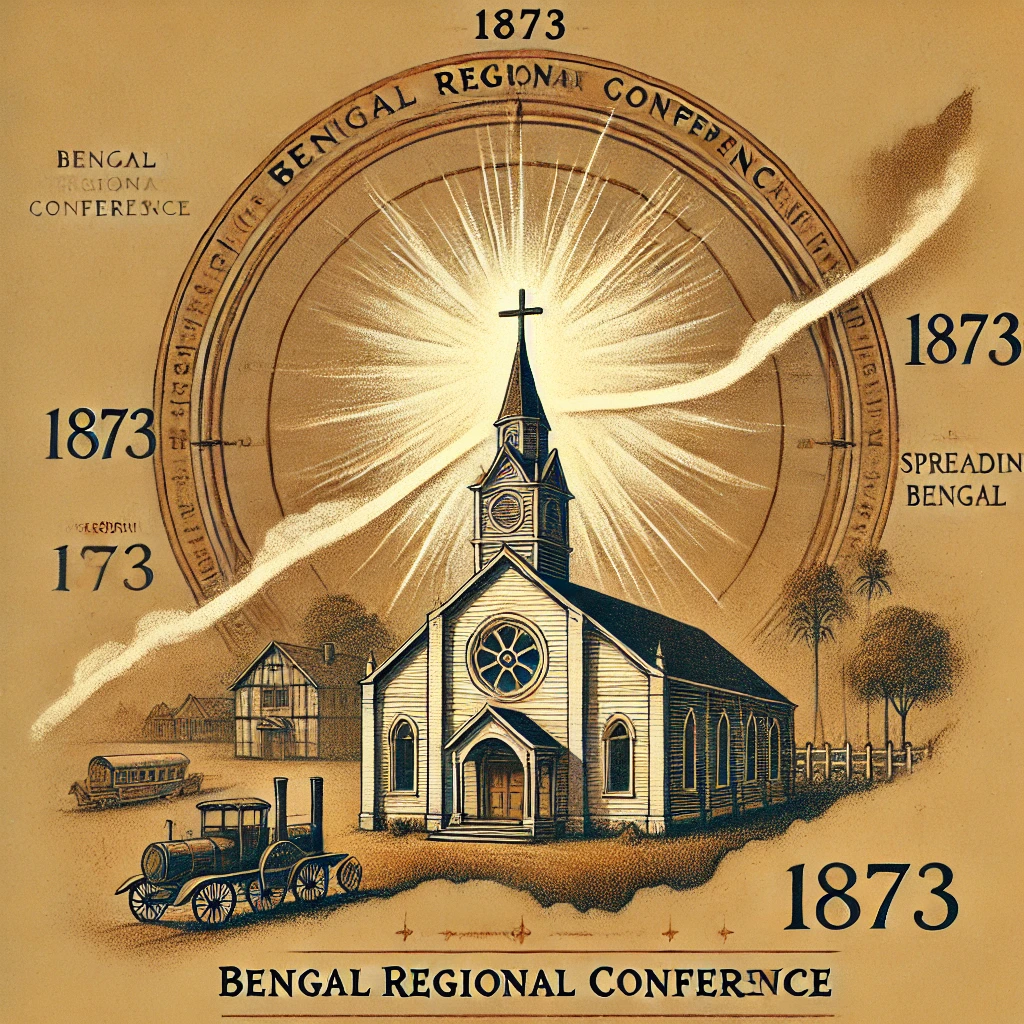 DALL·E 2024-10-27 13.34.44 - A symbolic illustration representing the Bengal Regional Conference's heritage and growth. Depict a timeline with a vintage church and the year 1873,